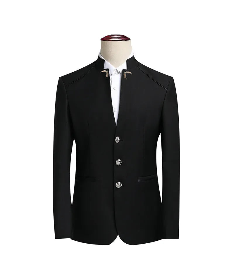 2026 New Men's Stand Collar Long Sleeve Suit Jacket, Asian Size Chinese-Style Slim-Fit Blazer in Dark Blue/Red/Grey/Black/White
