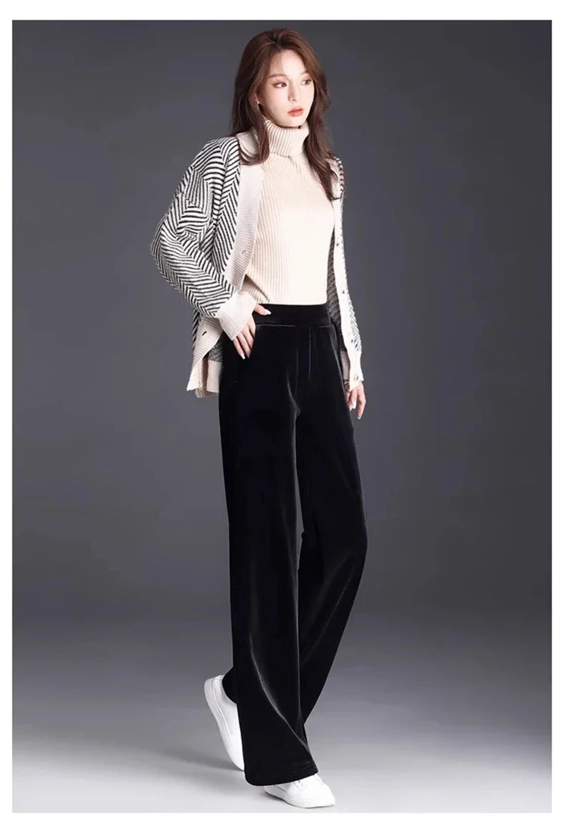 Women's pants with many reviews flared pants ice silk pants wide leg pants, high waisted blue loose straight leg pants 6XL