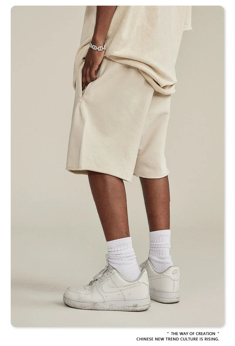 New Summer Men Retro Washed Shorts Unisex Drawstring Loose Edge 420gsm Solid Knee Length Cotton Pants Streetwears HY0589