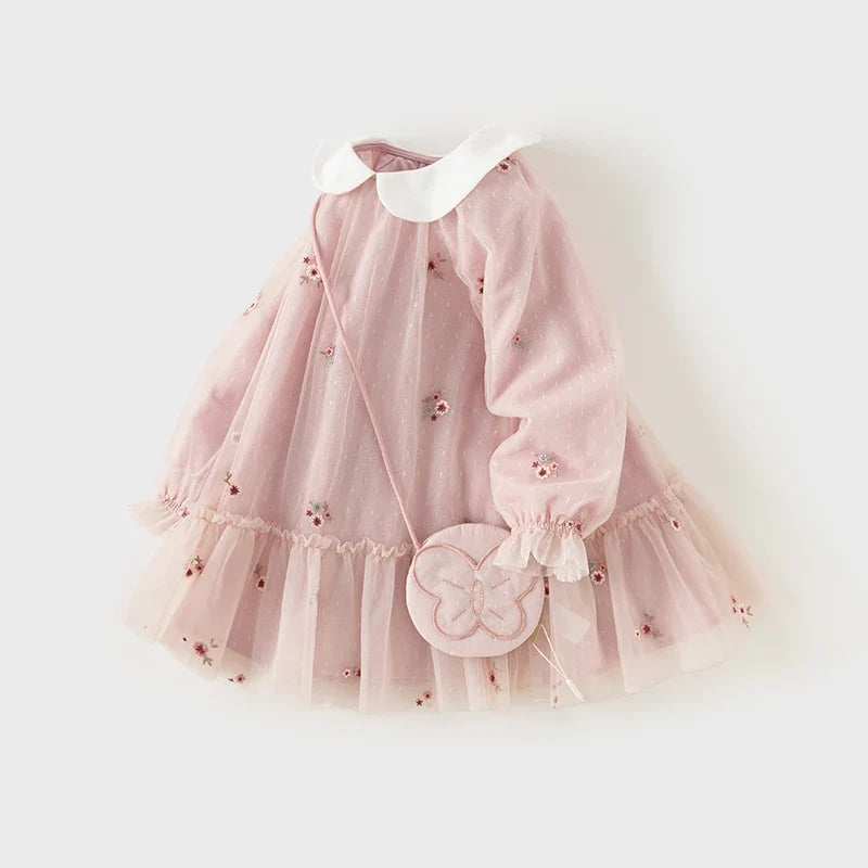 Mesh Floral Princess Dress Girls Baby Children 2025 New Autumn Sweet Charm Pink Fashion Long Sleeved Dress DB3242681
