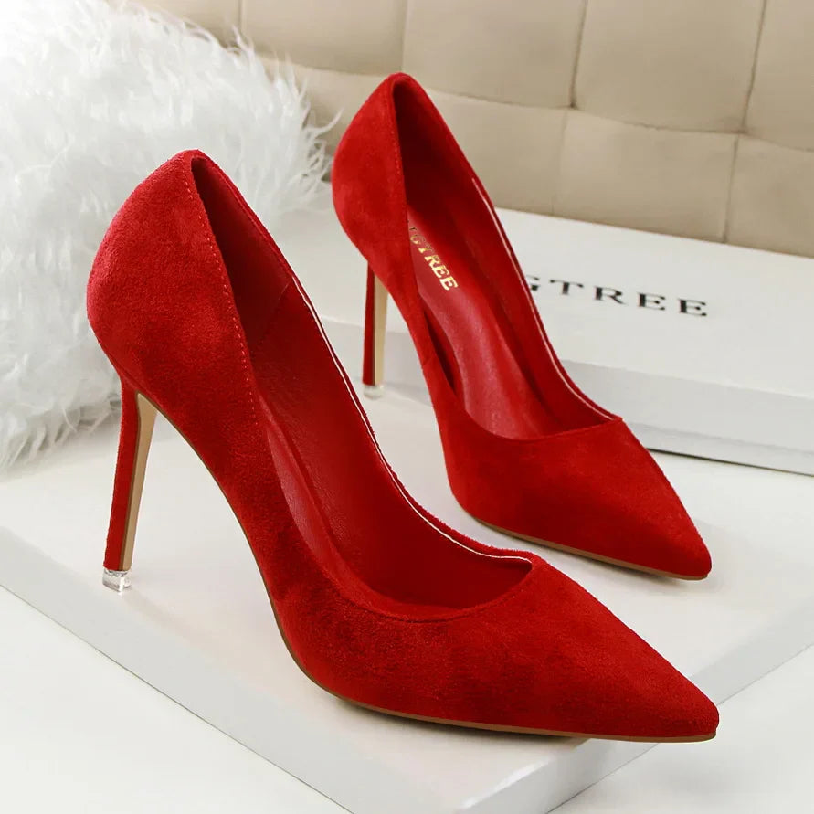 Women 9cm High Heels Yellow Burgundy Pumps Plus Size Stripper Suede Escarpins Lady Wedding Bridal Scarpins Green Blue Prom Shoes