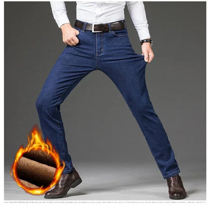 Winter Fleece Men's Casual Jeans Stretch Fashion Cotton Thick Plush Warm Denim Trousers Male Brand Pants Plus Size 42 44 46