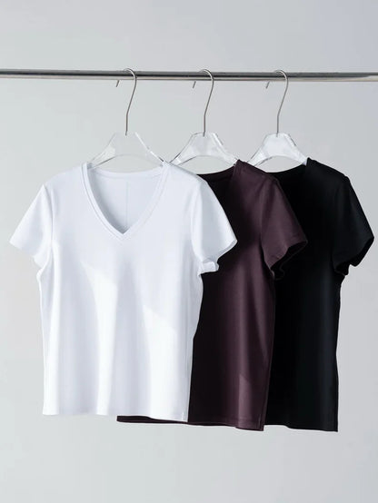 Women Solid T Shirt, Silk Cotton Blend, Square Collar, Short Sleeves Chic Shirt 2025 Spring Summer Cozy Top
