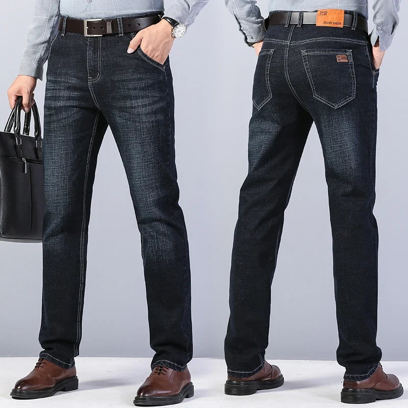 2026 New Men's Stretch Regular Fit Jeans Business Casual Classic Style Fashion Denim Trousers Male Black Blue Gray Pants