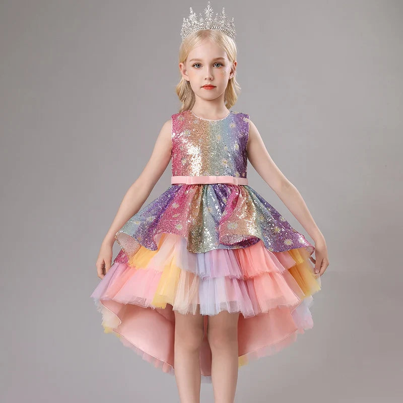 S002 Children's Dress Trailing Princess Spot Pink Girls' June 1 Performance Summer New 2023 Lace Color Matching Mesh