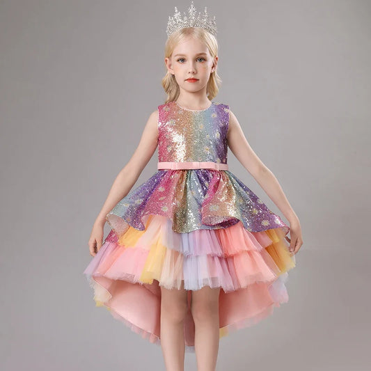 S002 Children's Dress Trailing Princess Spot Pink Girls' June 1 Performance Summer New 2023 Lace Color Matching Mesh