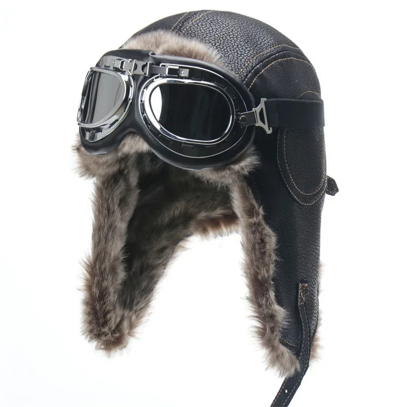 Men Winter Bomber Hat With Goggles Outdoor Motorcycle Windproof Warm Faux Fur Pilot Earflap Hat Leather Thermal Ushanka