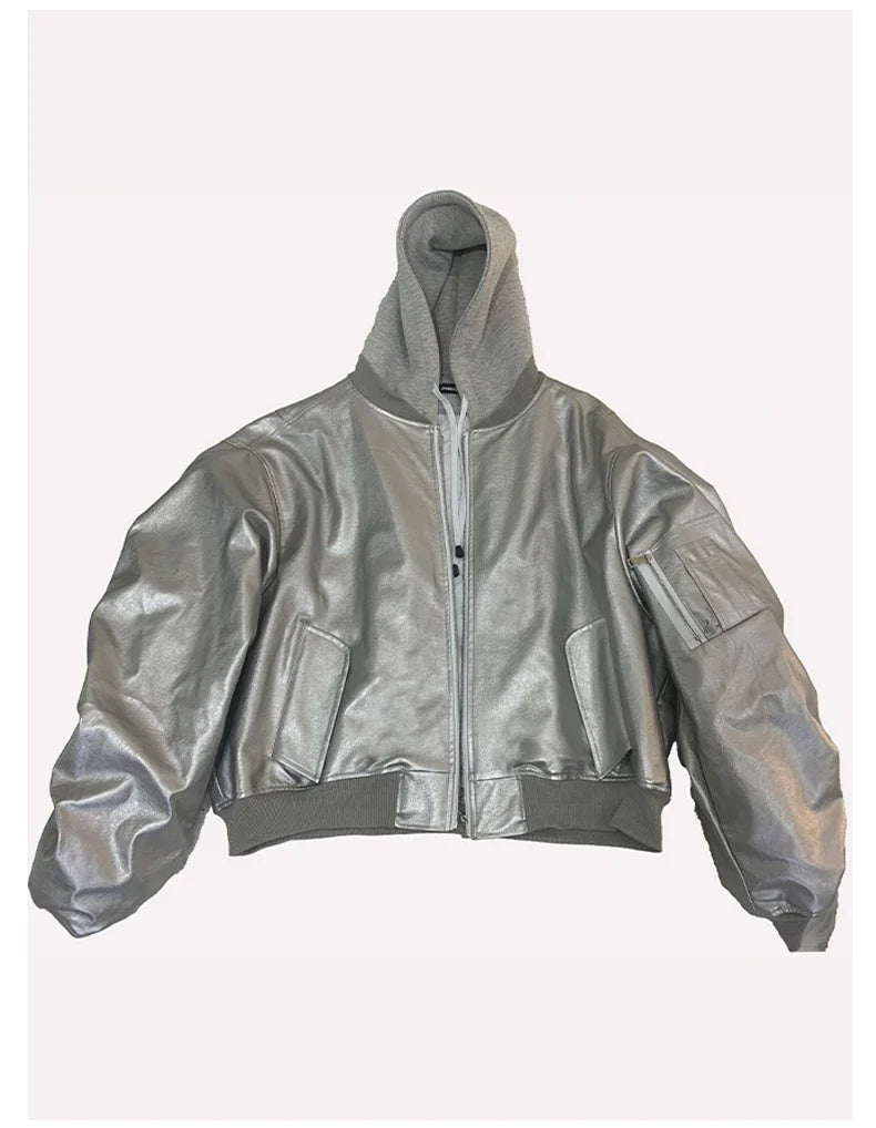 Autumn Winter Cool Handsome Oversized Brown Thickened Warm Leather Jacket Men with Hood Fake 2 Piece European Clothes