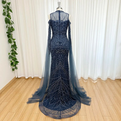 Luxury Beaded Evening Dress Cape Sleeve Dubai Sheer Neck Mermaid Formal Prom Wedding Party Gown Customized 2026