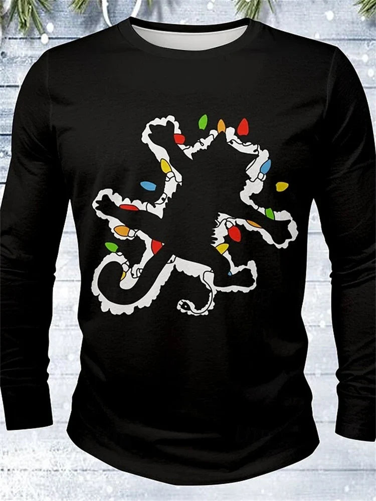 New Fun Christmas Long Sleeve T-Shirt Santa Claus Pattern Sweatshirt Men Role Play Pullover Boys Round Neck Polyester Sweatshirt