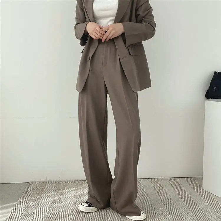 Casual Notch Lapel Suit Set with Button Thick Wide Leg Small Suit Pants High Waist Drape Polyester Business Lady Style Women