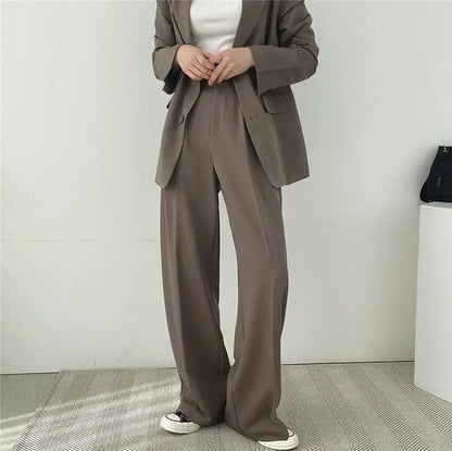 Casual Notch Lapel Suit Set with Button Thick Wide Leg Small Suit Pants High Waist Drape Polyester Business Lady Style Women