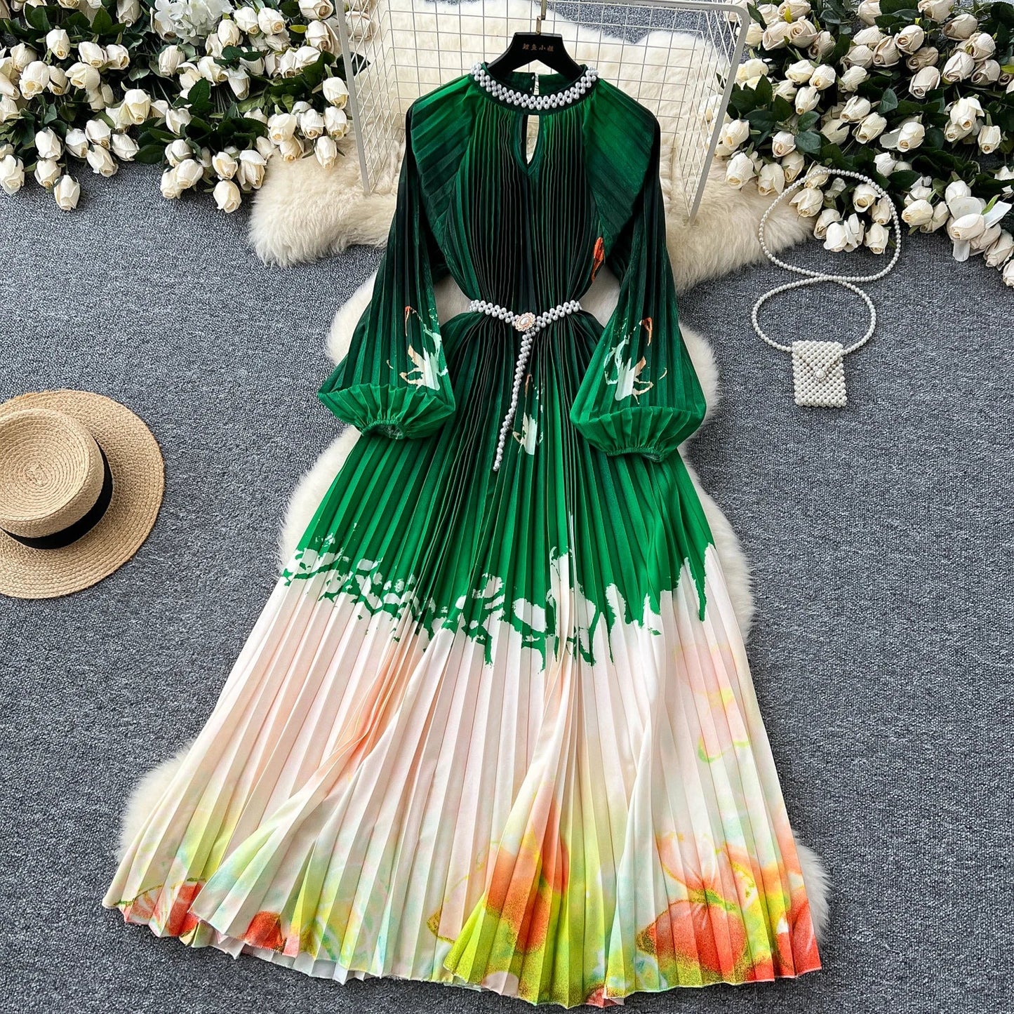 Ele High-End Women's Dr Faionable Beaded round Ne Hollow out Pleated Lantern Sve Waist Cinched Floral Print Lon...