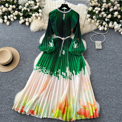 Ele High-End Women's Dr Faionable Beaded round Ne Hollow out Pleated Lantern Sve Waist Cinched Floral Print Lon...