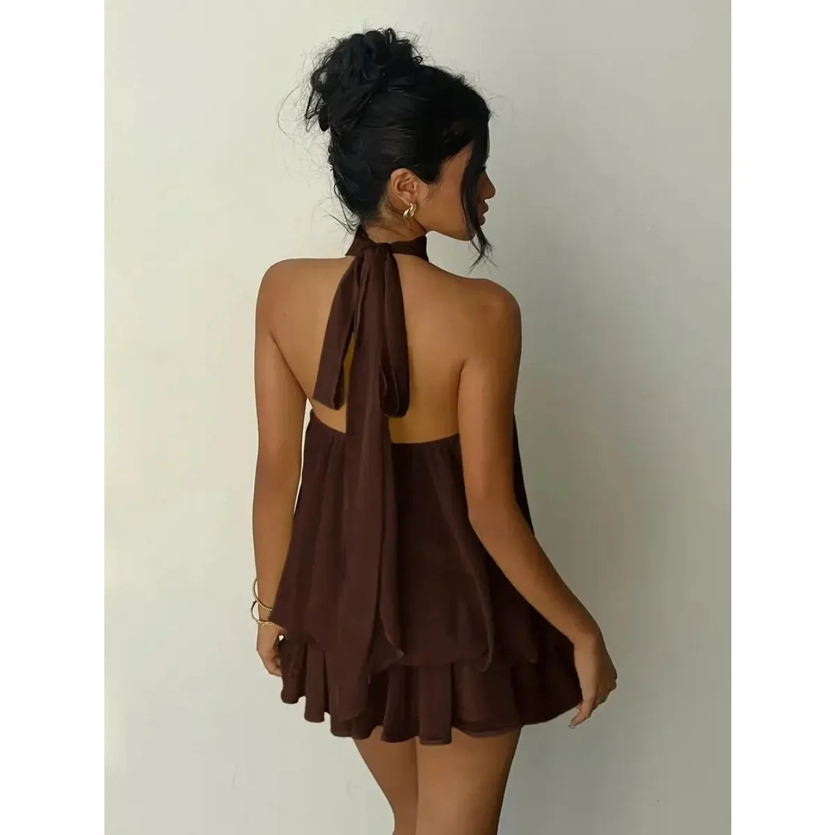 Women's Halter Neck Dress, Backless Tie-Front Chiffon Sheer Mini Skirt, Fashionable Sexy Y2K Vintage Cute Party Birthday Dress