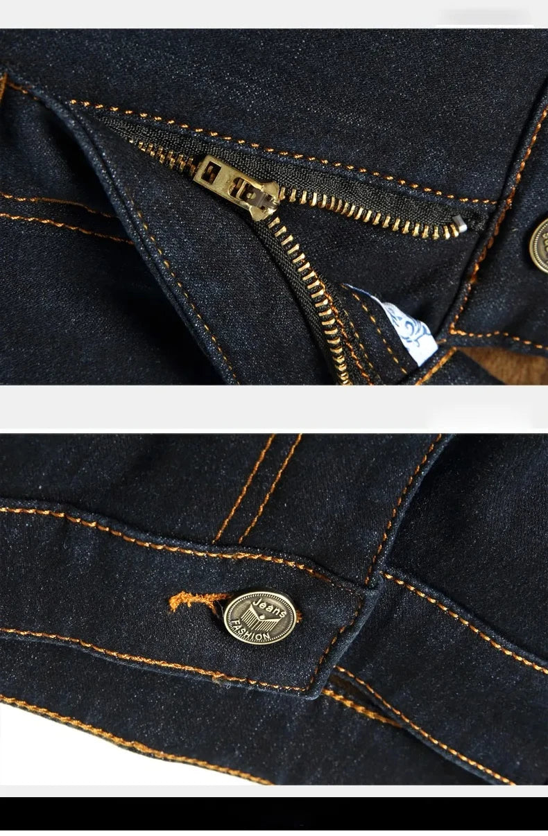 Men's Reflective Fleece-Lined Jeans - Thick Warm Lining, Durable Denim & Reflective Trim, Safe for Winter Night Commute & Casual