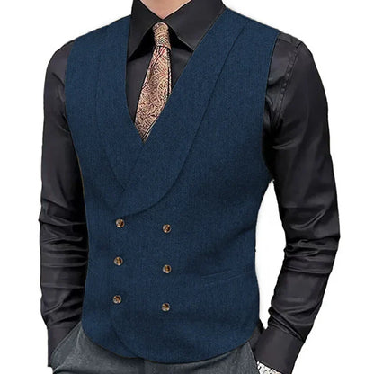 Men Vest Brown Herringbone Double Button With Lapel Waistcoat For Wedding Business Formal Banquet Work Daily Men Suit Vest