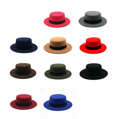 Black Ribbon Flat Top Hat British Retro Style Unisex Wool Fedora Winter Warm Hat