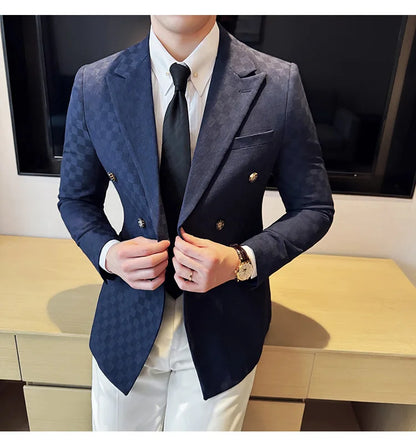 6 Color Luxury Double Breasted Blazers Coats 2024 New Fashion Checkered Business Slim Fit Social   Formal Suit Jacket 5XL-M