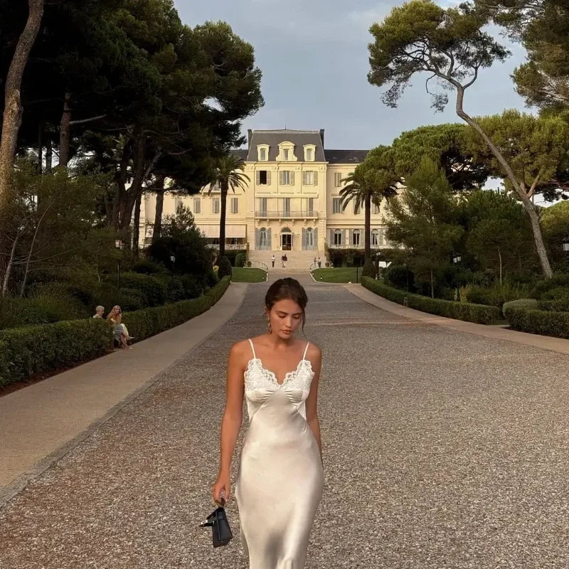 Women Sexy V-neck Satin Sling Maxi Dresses Chic White Lace Patchwork Sleeveless Backless Slim Gowns Summer Evening Party Dress