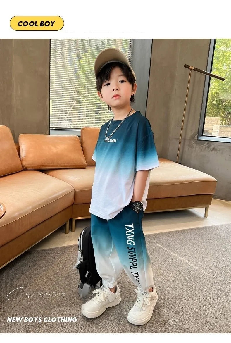 Summer Boys Gradient Contrast Alphabet t-Shirt Tops+Pant Workout Sets School Kids 2PCS Tracksuit Children Jogger Outfits 5-16 Yr