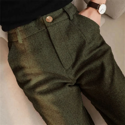 Italian Vintage Suit Pant For Men Autumn Winter Wool Herringbone Pattern Straight Trousers British Style Business Casual Pants