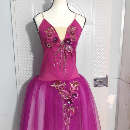 Long Ballet Tutu Skirts Blue 3d Flower Dress Performance Costumes Princess Dance Practice Romantic Dress