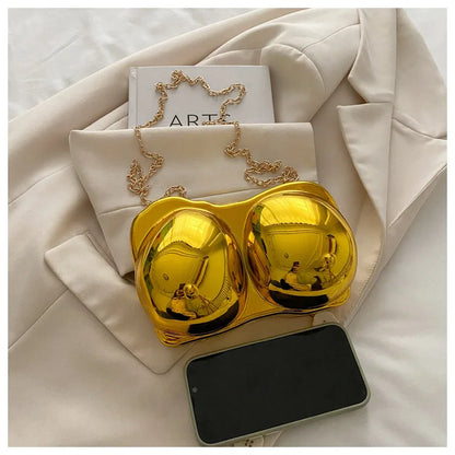 Party Purse Chest Shape PVC Bag For Women 2025 Mini Crossbody Bag Metal Chain Shoulder Bag Luxury Gold Silvery Lipstick Pouch