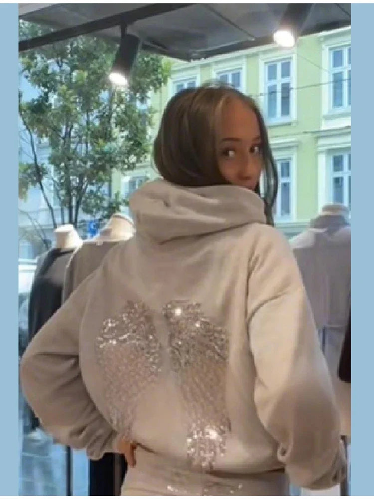 Sequin Angle Wings Hoodie Pullover For Women Loose Solid Hooded Sweatsuit 2025 New Lady Autumn Winter Outwears