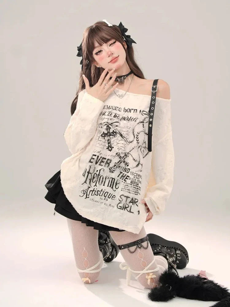 Harajuku Kawaii T-Shirt Women Sweet Japanese Gothic Subculture Loose Letter School Student Tees Long Sleeve Top Spring Outwear