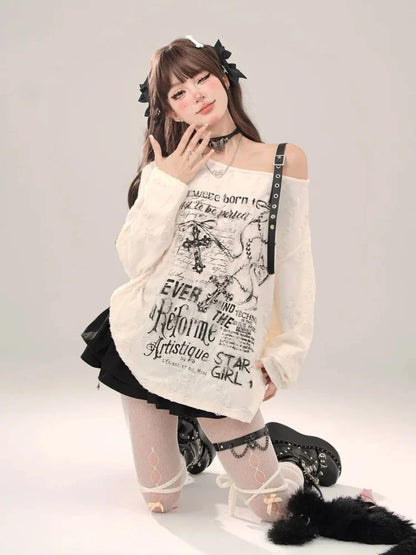 Harajuku Kawaii T-Shirt Women Sweet Japanese Gothic Subculture Loose Letter School Student Tees Long Sleeve Top Spring Outwear