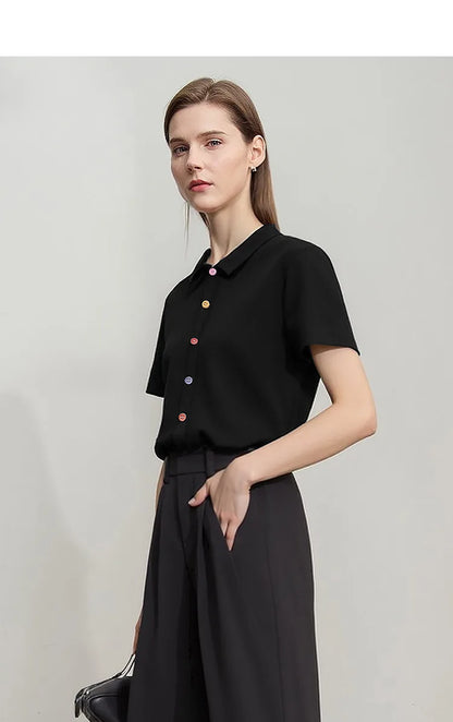 Women's T-Shirt 2026 Summer Lapel Collar Casual Short Sleeve Tee Color Block Button Slim Versatile T Shirts Woman 12652001
