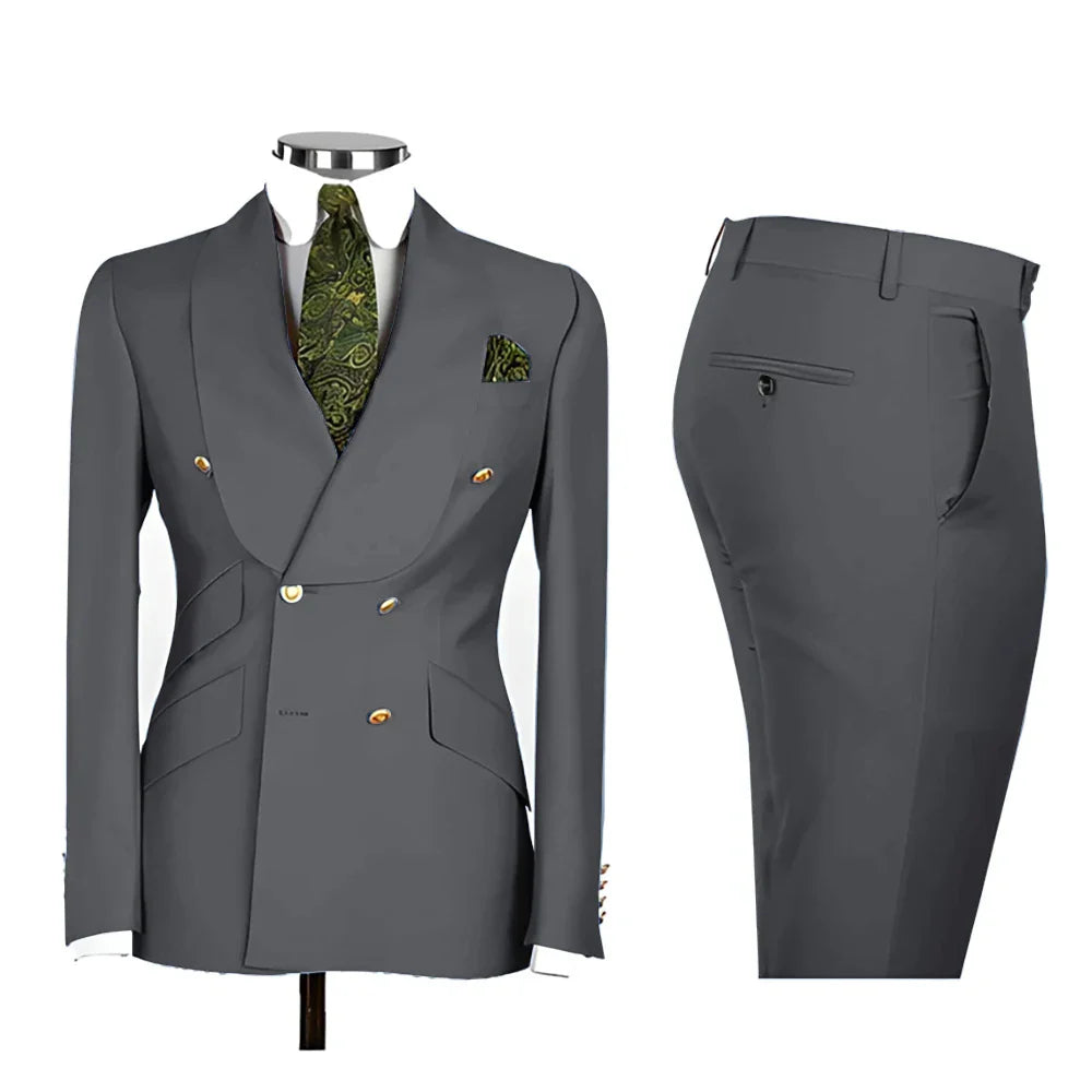 Lvory Shawl Lapel 2 Piece Suit Double Breasted Men's Jacket Pants with Gold Buttons Formal Wedding Groom Attire Prom Tuxedos