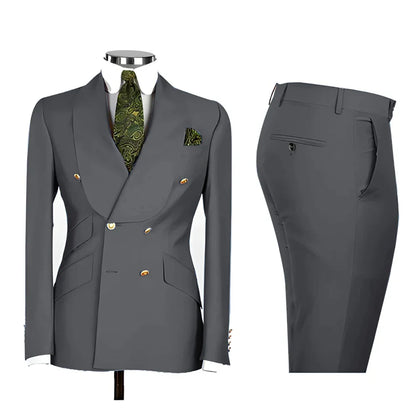 Lvory Shawl Lapel 2 Piece Suit Double Breasted Men's Jacket Pants with Gold Buttons Formal Wedding Groom Attire Prom Tuxedos