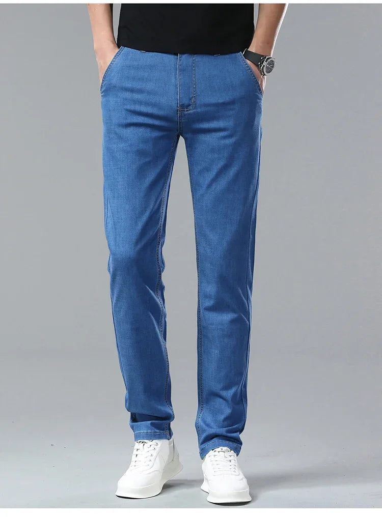 Men's Ice Silk Jeans Summer New Lyocell Thin Business Casual Denim Pants Classic All Match Slim Fit Straight Elastic Jean Male