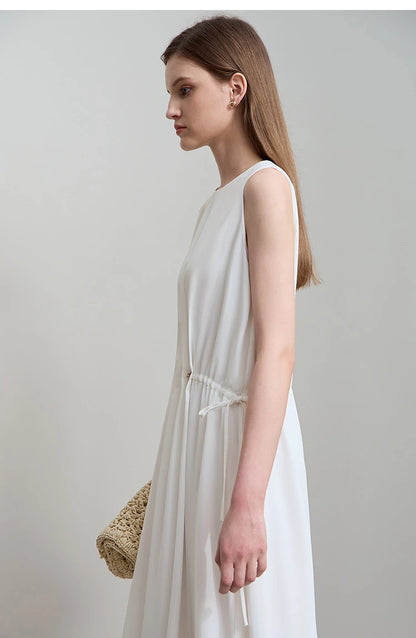 Minimalism Dresses 2025 Summer Vocation Women Loose Long Dresse Sleeveless High Waist Design Bead Drawstring Dress 12542177