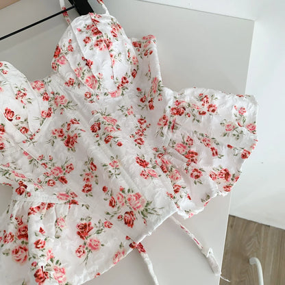 French Corset Print Beach Tank Top Female Strap Irregular Slim Hotsweet Camis Streetwear Vacation Bohe Sexy MIni Top