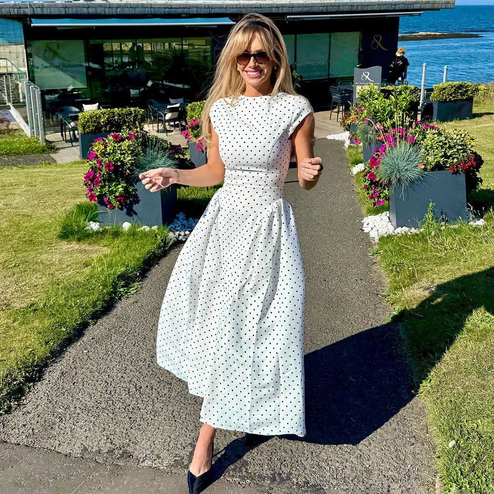 White Polka Dot Long Dress Summer Sexy High-Waisted Vintage Print Sleeveless Dress Casual Party Vacation New Women Dress