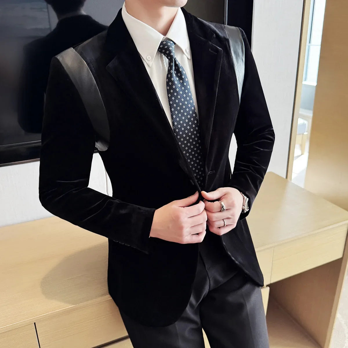 Leather Splicing Mercerized Velvet Suit Jacket 2025 Autumn New Men's High-end Business Slim Fit Fashion Party Tailcoat 4XL-M