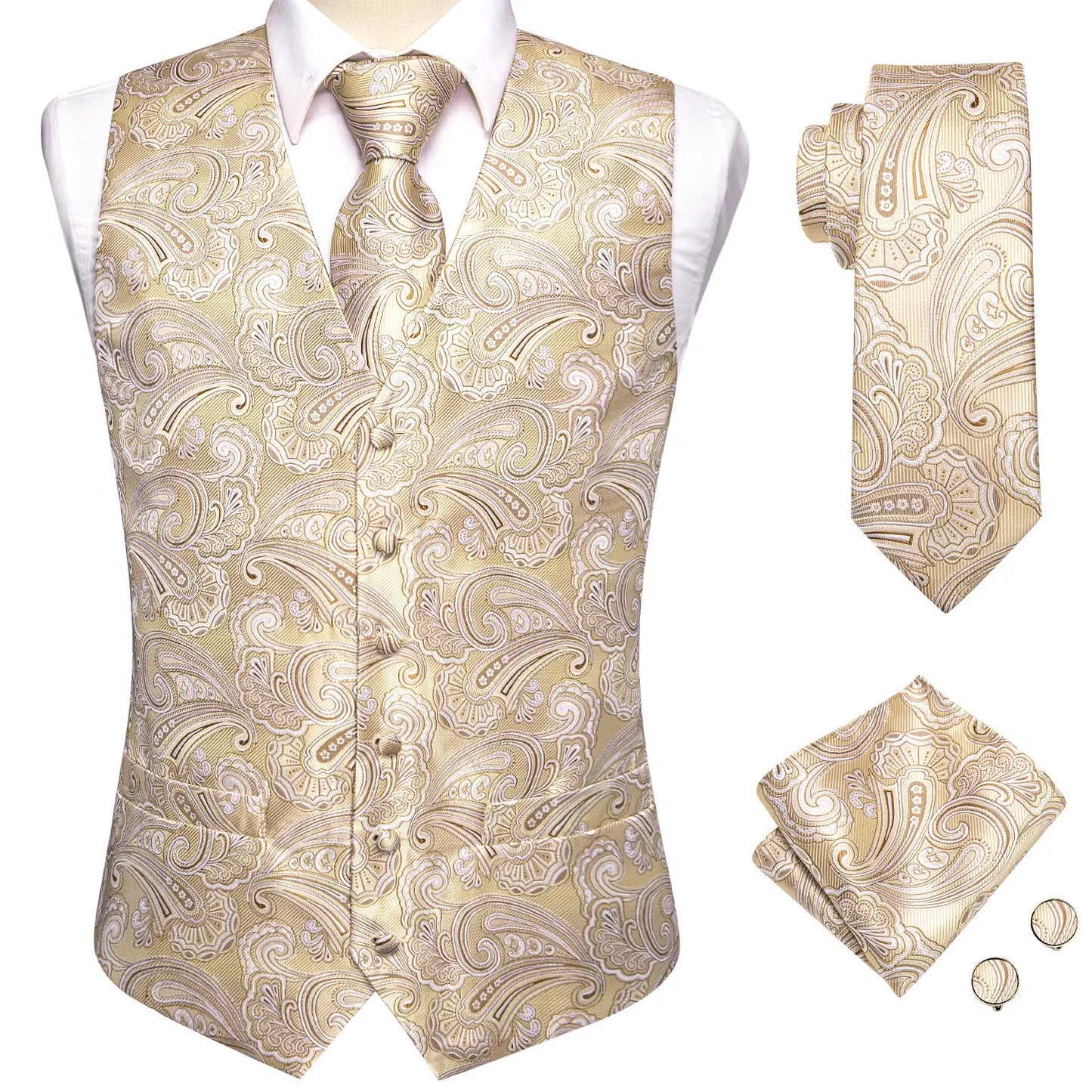 Champagne Mens Vest Tie Set Fashion Paisley Jacquard Western Waistcoat Necktie Hanky Cufflinks Wedding Business Gift Hi-Tie