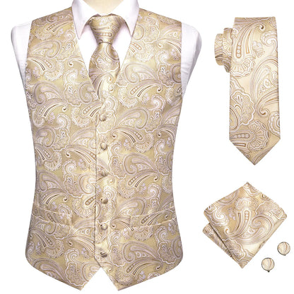 Silk Mens Waistcoat Tie Set Gold Brown Orange Beige Ivory Khaki Bronze Sleeveless Jacket Suit Vest Necktie Hanky Cufflink
