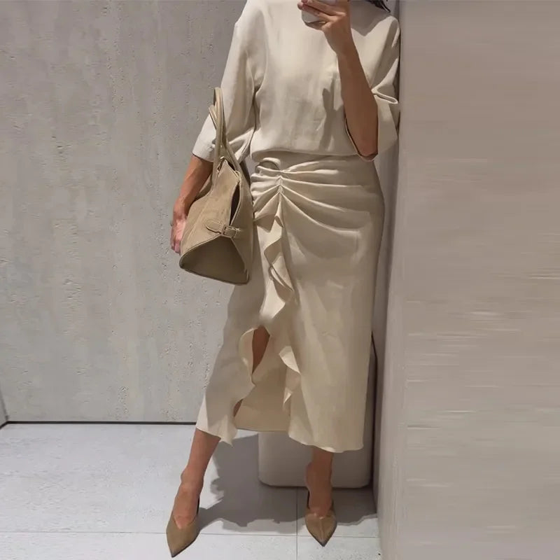 Women's Dress New Pleated Slit Midi Dress Spring Sexy Elegant Women's Long Dress