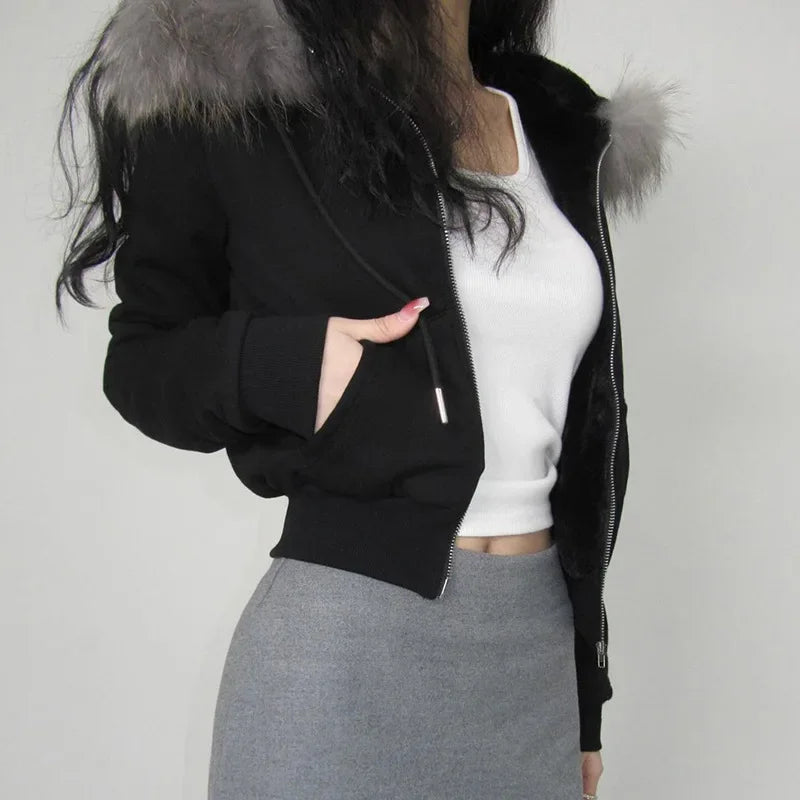 Goth Grey Faux Fur Collar Hooded Zip Up Hoodies Gothic Grunge Pockets Autumn Black Jackets Female Y2k Streetwear egirl Cardigans
