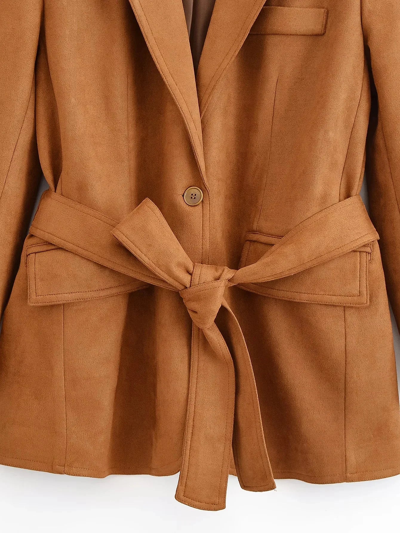 Office Lady Suede Blazer V Neck Sashes Long Pockets Blazer Fashion 2025 Fall Streetwear Outwear Winter Thick Coats