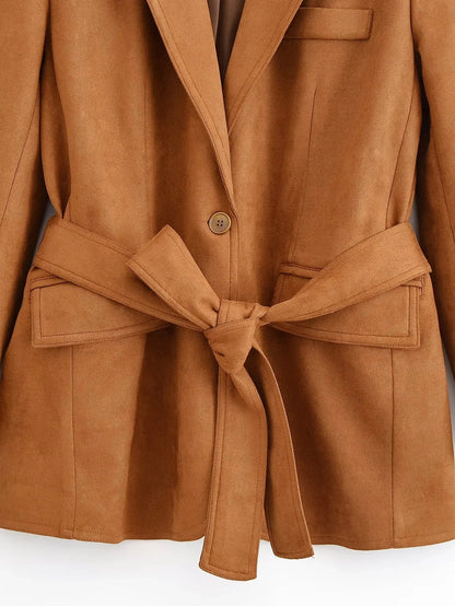 Office Lady Suede Blazer V Neck Sashes Long Pockets Blazer Fashion 2025 Fall Streetwear Outwear Winter Thick Coats