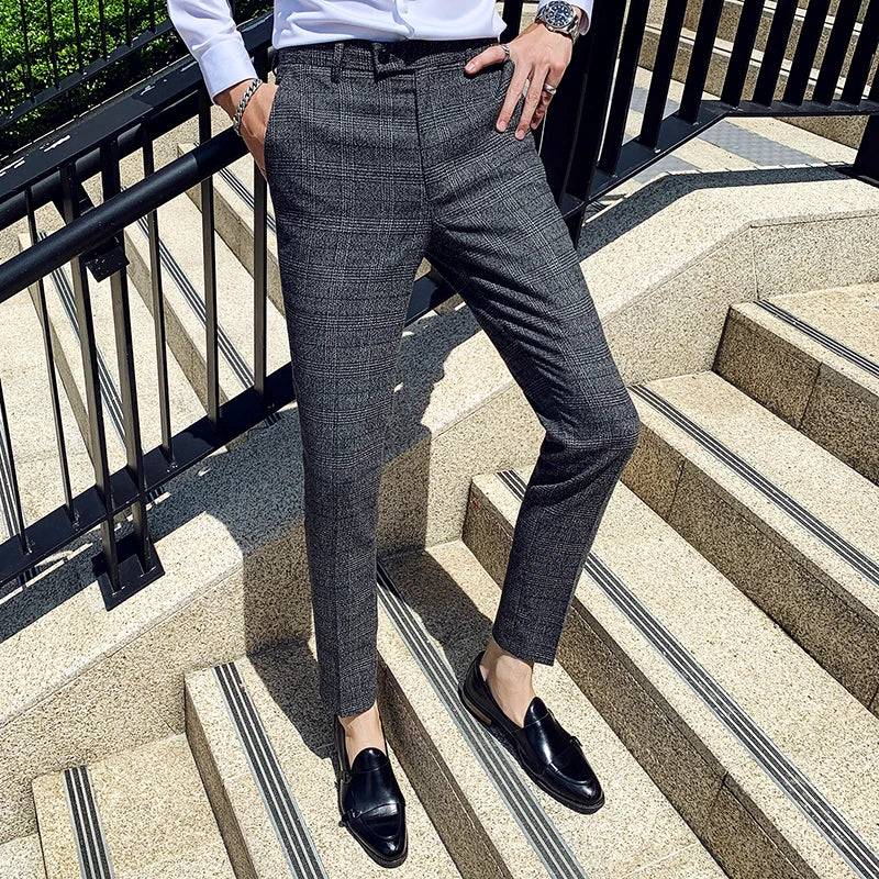 Boutique Classic Plaid and Striped Fashion Men's Casual Business Slim Suit Pants Groom Wedding Dress Trousers Party