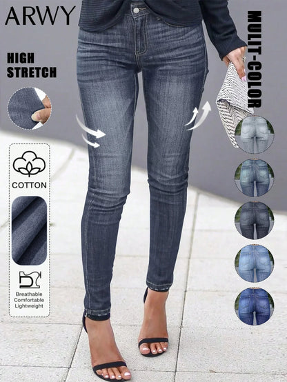 Women's Fashionable Elegant Casual Versatile Washed Cat's Whisker Pattern Skinny Fit Denim Jeans for Daily Wear