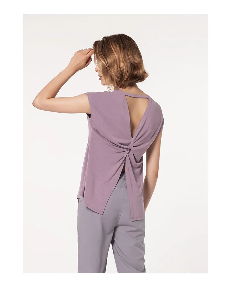 Women's Split Side Yoga Top Sexy Open Back Fitness T-shirt Loose Fit Workout Tee Running Sports Cover Gym Wear Woman Clothing