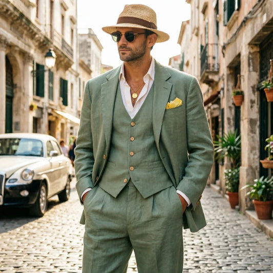 Relaxed Linen Men Suits Dark Green 3 Pieces Minimalist Single Breasted Casual Suit For Summer Wedding Party Business Occasion