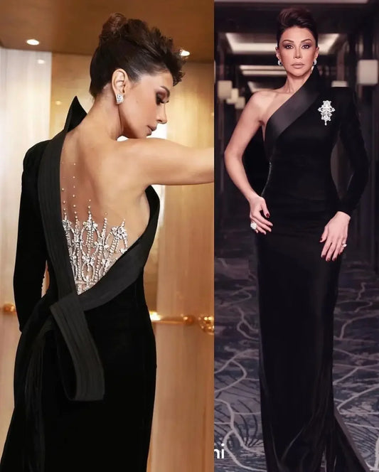 Customized Exquisite Women One Shoulder Long Sleeves Evening Dresses Floor Length Prom Dresses Formal Occasion Party Gowns